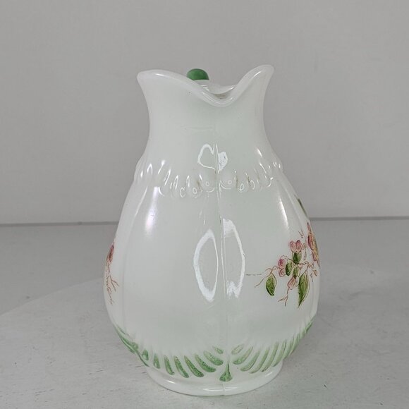 Antique Floral Porcelain Pitcher With Green Handle & Embossed Details - Picture 2 of 8